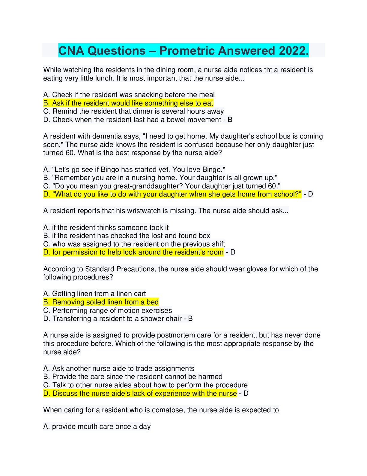 Preview image for CNA Questions and Answers– Prometric Answered 2022 (all correct)